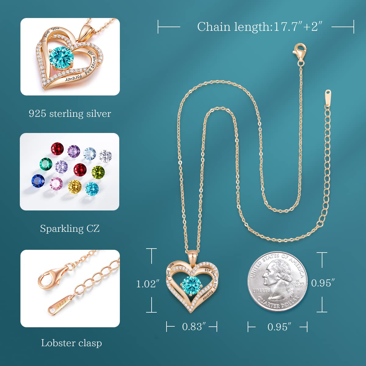 CDE Forever Love Heart Necklaces for Women, Wedding Anniversary, Birthday Mothers Day Christmas Day Gifts for Mom, Mother, Wife, friend, S925 Silver Jewelry with Birthstone Pendant