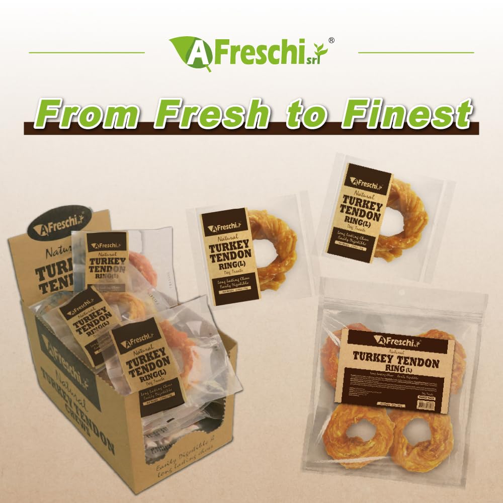 AFreschi Turkey Tendons for Dogs, USA-Sourced, Healthy Dog Treats, Rawhide-Free Puppy Chews, Long Lasting, All Natural, Hypoallergenic Dog Treats for Large Breeds, 1 Count Pack Bone (L)