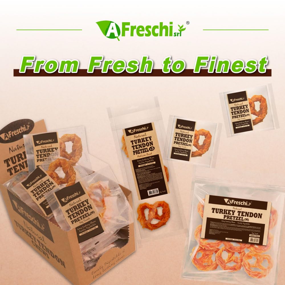 AFreschi Turkey Tendons for Dogs, USA-Sourced, Healthy Dog Treats, Rawhide-Free Puppy Chews, Long Lasting, All Natural, Hypoallergenic Dog Treats for Medium Breeds, 6 Count Pack Braid (M)