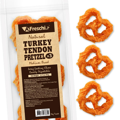 AFreschi Turkey Tendons for Dogs, USA-Sourced, Healthy Dog Treats, Rawhide-Free Puppy Chews, Long Lasting, All Natural, Hypoallergenic Dog Treats for Medium Breeds, 6 Count Pack Braid (M)