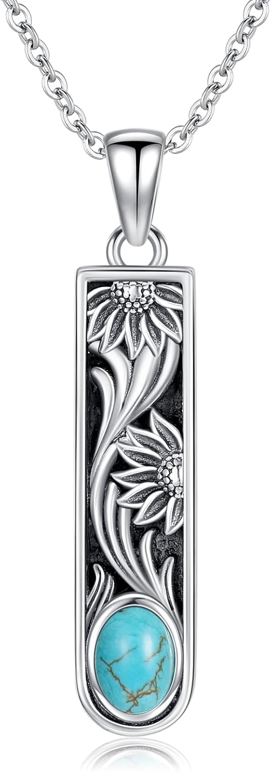 Turquoise Bar Necklace 925 Sterling Silver Real Turquoise Gemstone Minimalist Vertical Bar Pendant Vintage Jewelry Gifts for Women