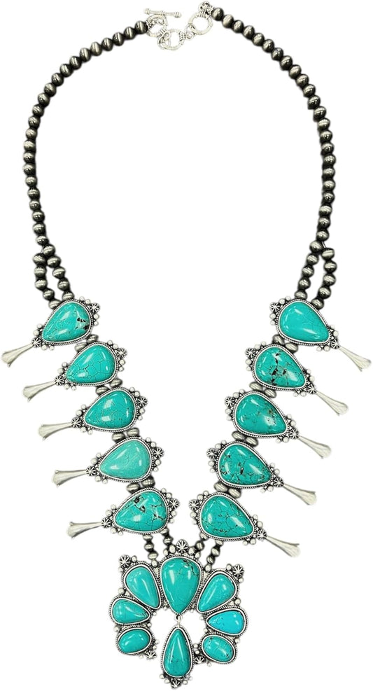 30" Handmade Full Squash Blossom Turquoise Necklace 732540