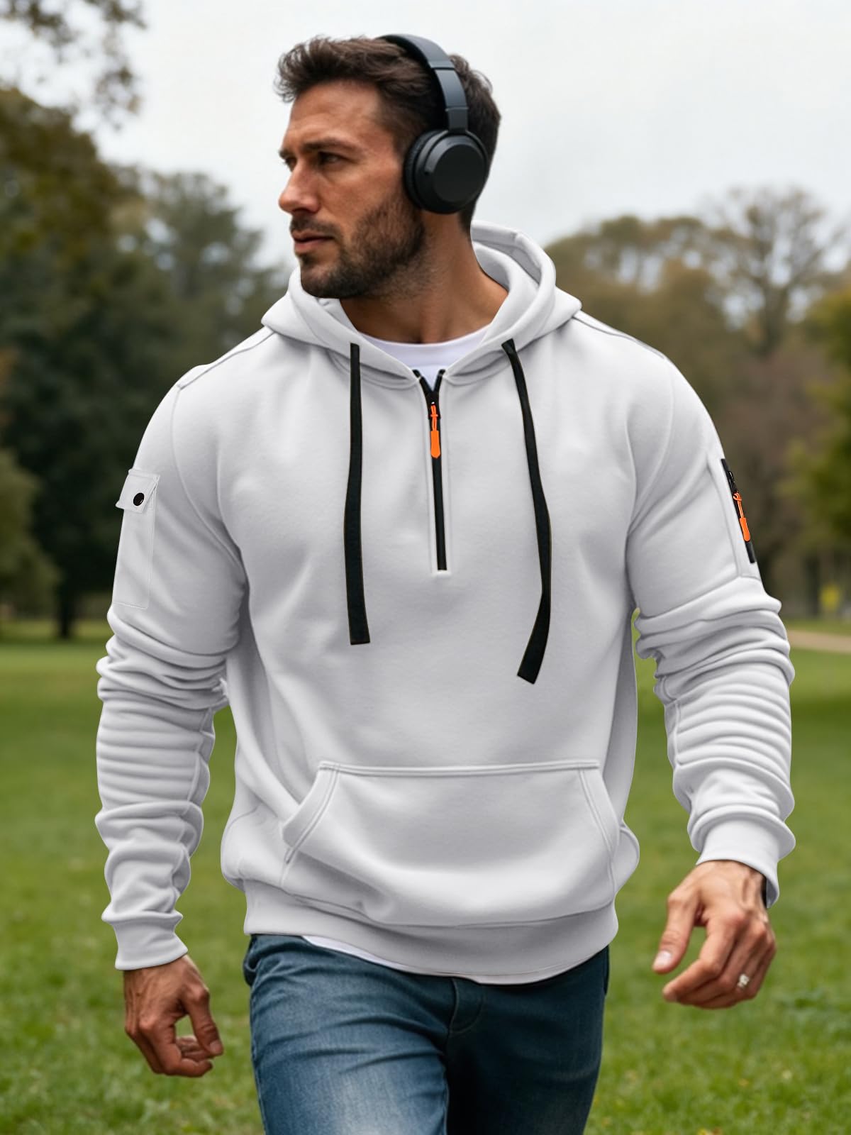 Men's Fleece Workout Athletic Pullover Hoodie Long Sleeve Basic Quarter Zip Pullover Sweatshirt with Kanga Pocket