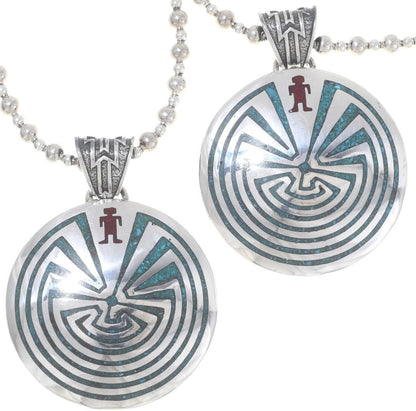 Alltribes Man In The Maze Turquoise Coral Sterling Pendant Inlaid Concho With Silver Bead Necklace 0084