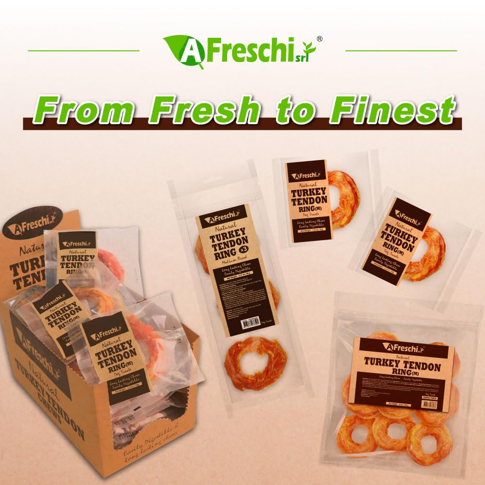 AFreschi Turkey Tendons for Dogs, USA-Sourced, Healthy Dog Treats, Rawhide-Free Puppy Chews, Long Lasting, All Natural, Hypoallergenic Dog Treats for Medium Breeds, 6 Count Pack Braid (M)