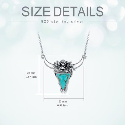 Turquoise Cow Skull Necklace 925 Sterling Silver Head Skull Pendant Bohemian Western Jewelry Gifts for Women Cowgirl