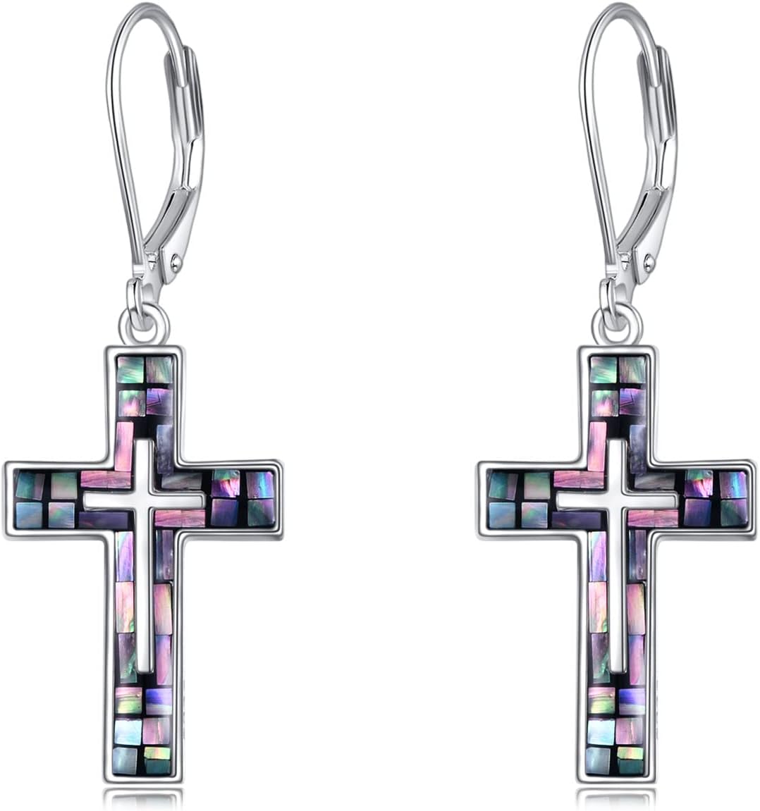 YFN Cross Earrings Sterling Silver Dangle Drop Leverback Cross Earrings Religion Jewelry Christians Gifts for Women Men