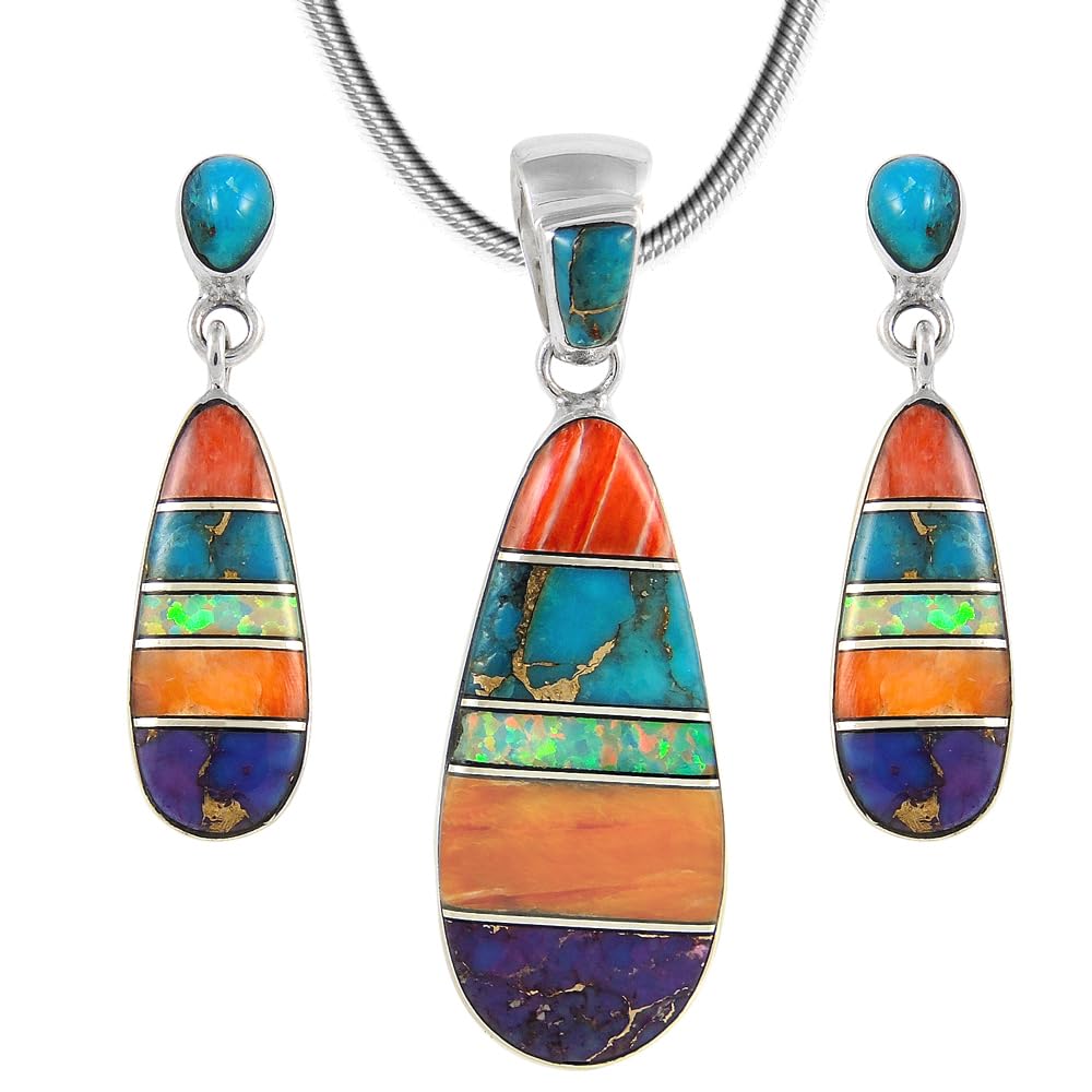 Matching Turquoise & Gemstones Set 925 Sterling Silver (Pendant, Earrings, Necklace 20")