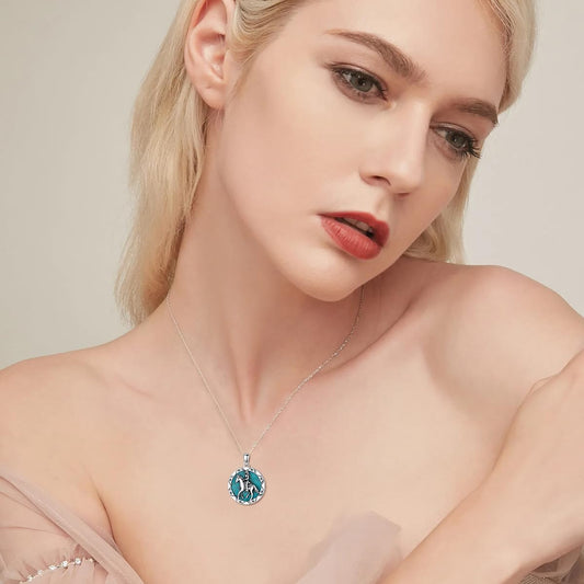 Horse and Young Lady Necklace 925 Sterling Silver Genuine Turquoise Lucky Horse Pendant Animal Jewelry Gifts for Women