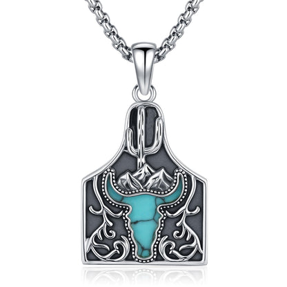 Midir&Etain Western Necklace 925 Sterling Silver Turquoise Pendant Highland Cow/Cow Skull/Hat/Tag/Cactus/Boot Cowgirl Country Jewelry for Women Men