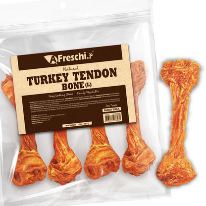 AFreschi Turkey Tendons for Dogs, USA-Sourced, Healthy Dog Treats, Rawhide-Free Puppy Chews, Long Lasting, All Natural, Hypoallergenic Dog Treats for Large Breeds, 1 Count Pack Bone (L)