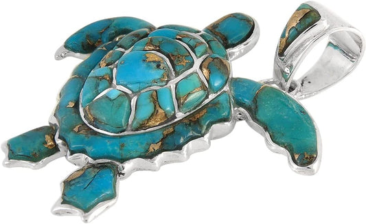 Turquoise Network Turtle Pendant Necklace in Sterling Silver 925 & Genuine Gemstones