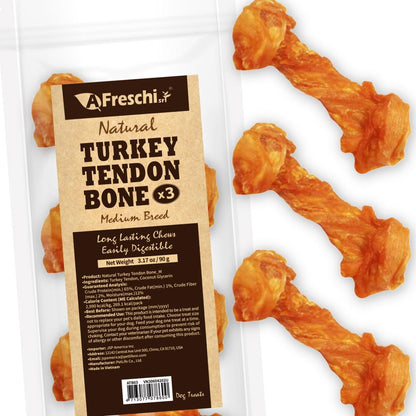 AFreschi Turkey Tendons for Dogs, USA-Sourced, Healthy Dog Treats, Rawhide-Free Puppy Chews, Long Lasting, All Natural, Hypoallergenic Dog Treats for Medium Breeds, 6 Count Pack Braid (M)