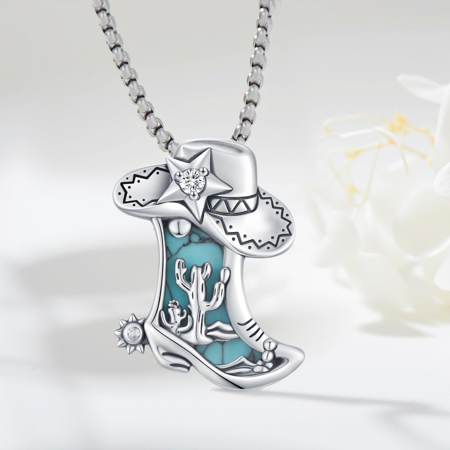 Midir&Etain Western Necklace 925 Sterling Silver Turquoise Pendant Highland Cow/Cow Skull/Hat/Tag/Cactus/Boot Cowgirl Country Jewelry for Women Men
