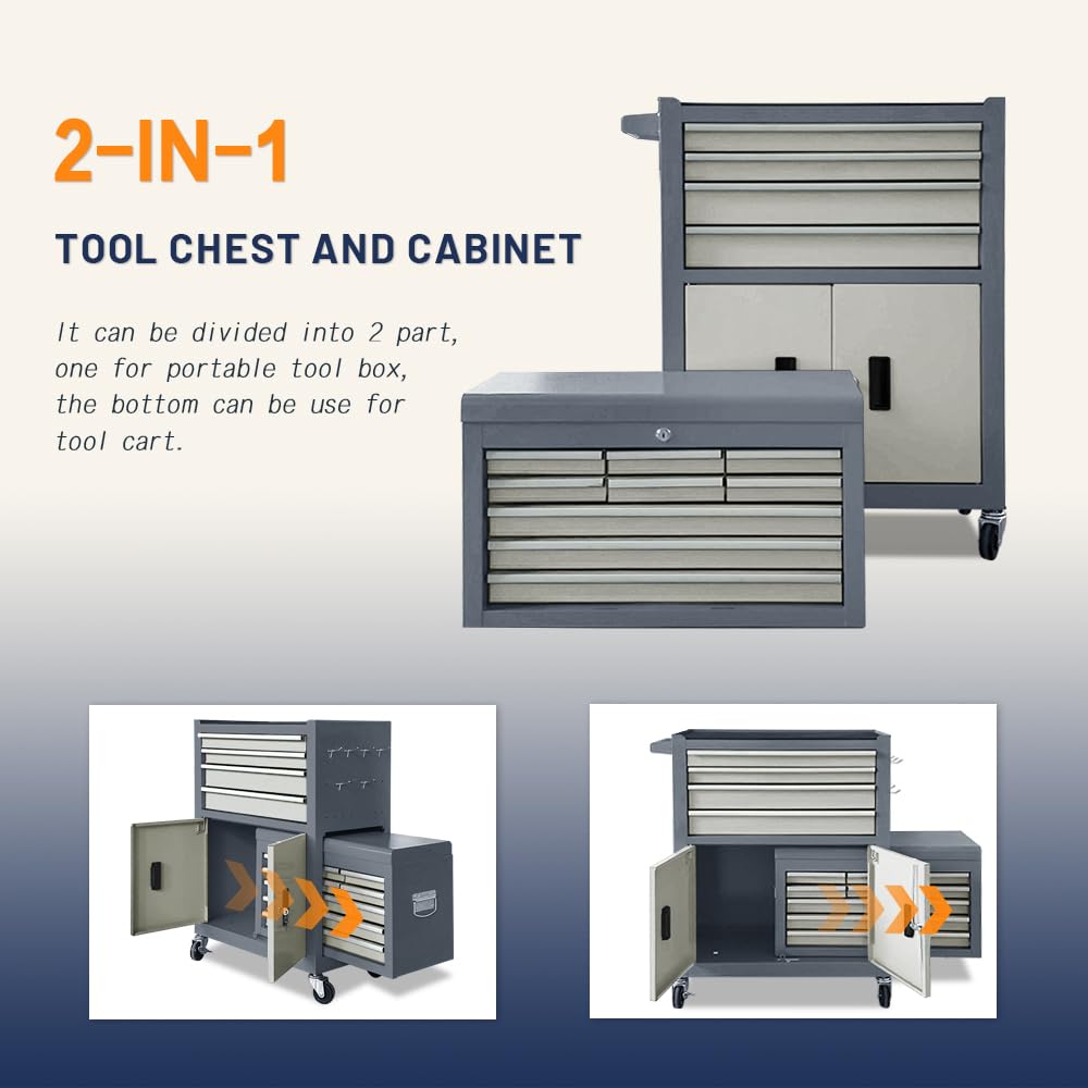 13-Drawer Double Door Rolling Tool Chest, 2 in 1 Detachable Tool Chest,Tool Box with Drawers and Wheels, Large Tool Cabinet with Lock, Metal Standing Toolbox for Garage Workshop-Red