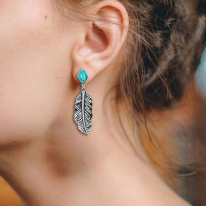 Genuine Turquoise Leaf Earrings, Sterling Silver Dangle Drop Vintage Boho Feather Earrings Birthday Gift for Women