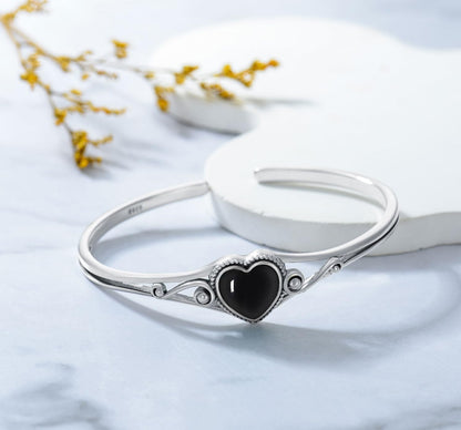 Genuine Turquoise Bracelet, Sterling Silver Native American Boho Adjustable Heart Bangle Cuff Jewelry for Women, Fit for 6.5 7 7.5 Inches