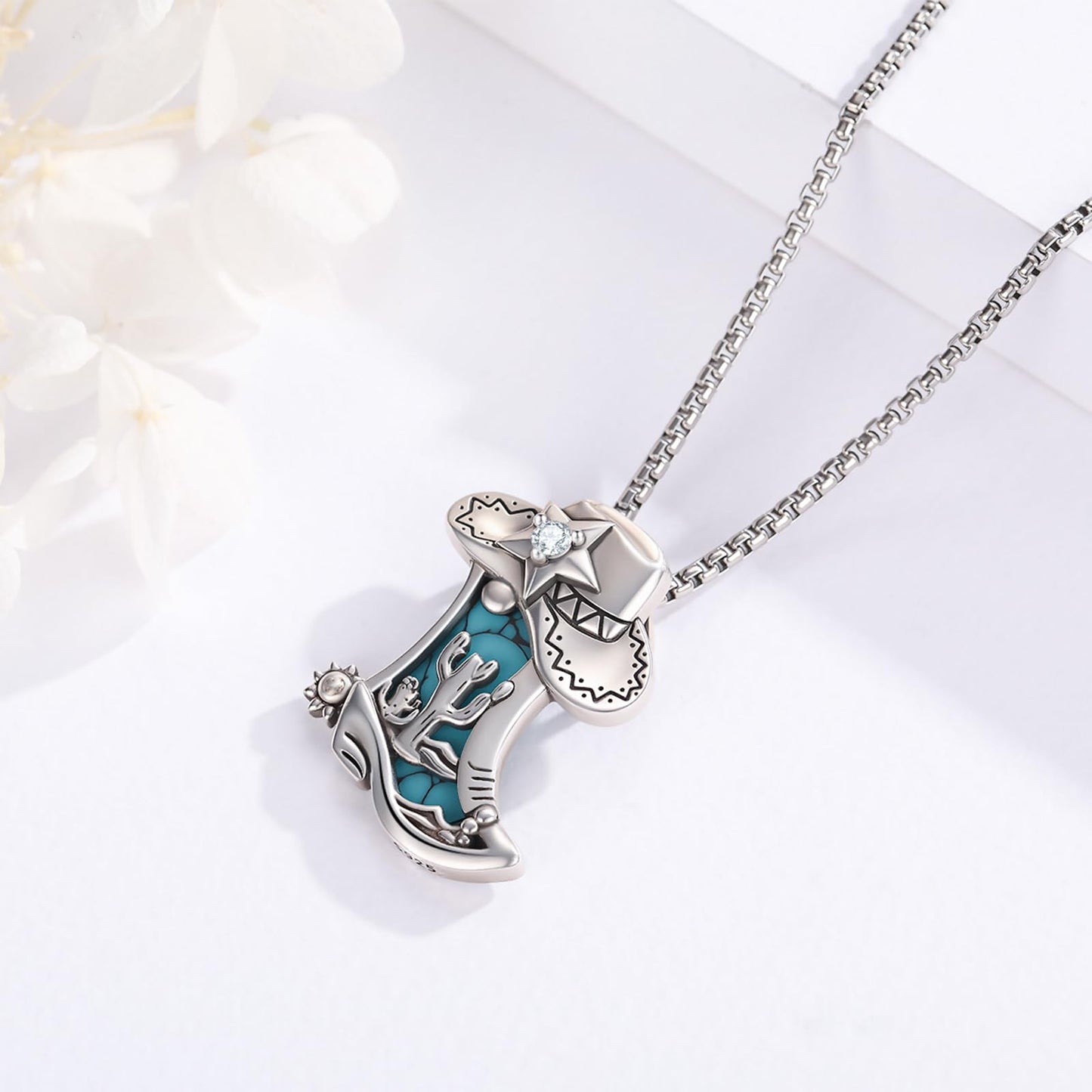 Midir&Etain Western Necklace 925 Sterling Silver Turquoise Pendant Highland Cow/Cow Skull/Hat/Tag/Cactus/Boot Cowgirl Country Jewelry for Women Men