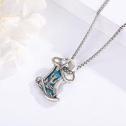 Midir&Etain Western Necklace 925 Sterling Silver Turquoise Pendant Highland Cow/Cow Skull/Hat/Tag/Cactus/Boot Cowgirl Country Jewelry for Women Men