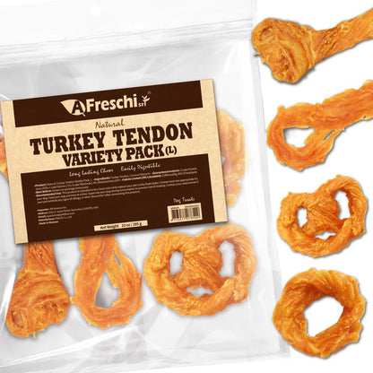AFreschi Turkey Tendons for Dogs, USA-Sourced, Healthy Dog Treats, Rawhide-Free Puppy Chews, Long Lasting, All Natural, Hypoallergenic Dog Treats for Large Breeds, 1 Count Pack Bone (L)