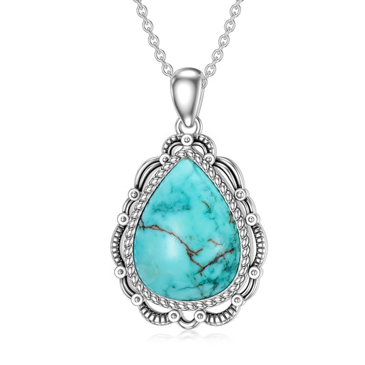Turquoise Necklace 925 Sterling Silver Natural Turquoise Gemstone Pendant Vintage Bohemian Western Jewelry Gifts for Women