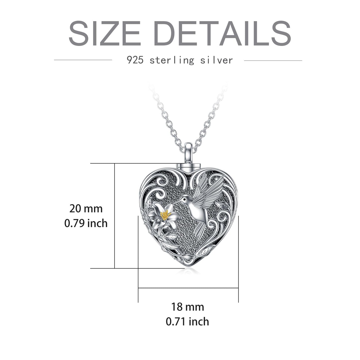TOUPOP Hummingbird Urn Necklace for Ashes 925 Sterling Silver Heart Cremation Jewelry Keepsake Pendant with Funnel Filler Memorial Christmas Gifts for Women Mom Wife