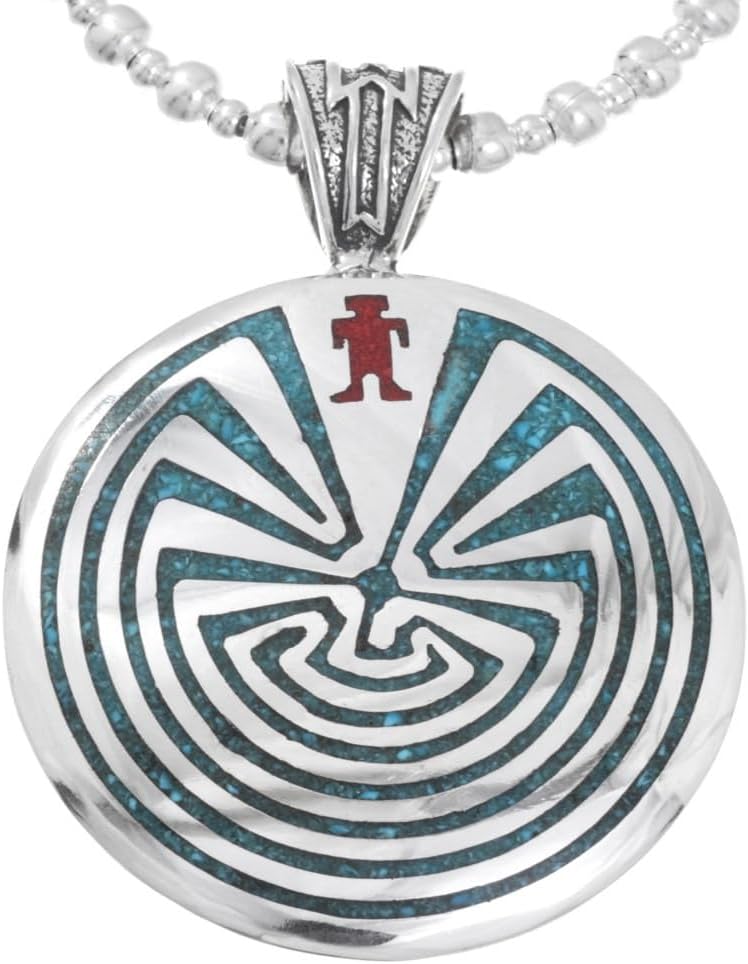 Alltribes Man In The Maze Turquoise Coral Sterling Pendant Inlaid Concho With Silver Bead Necklace 0084