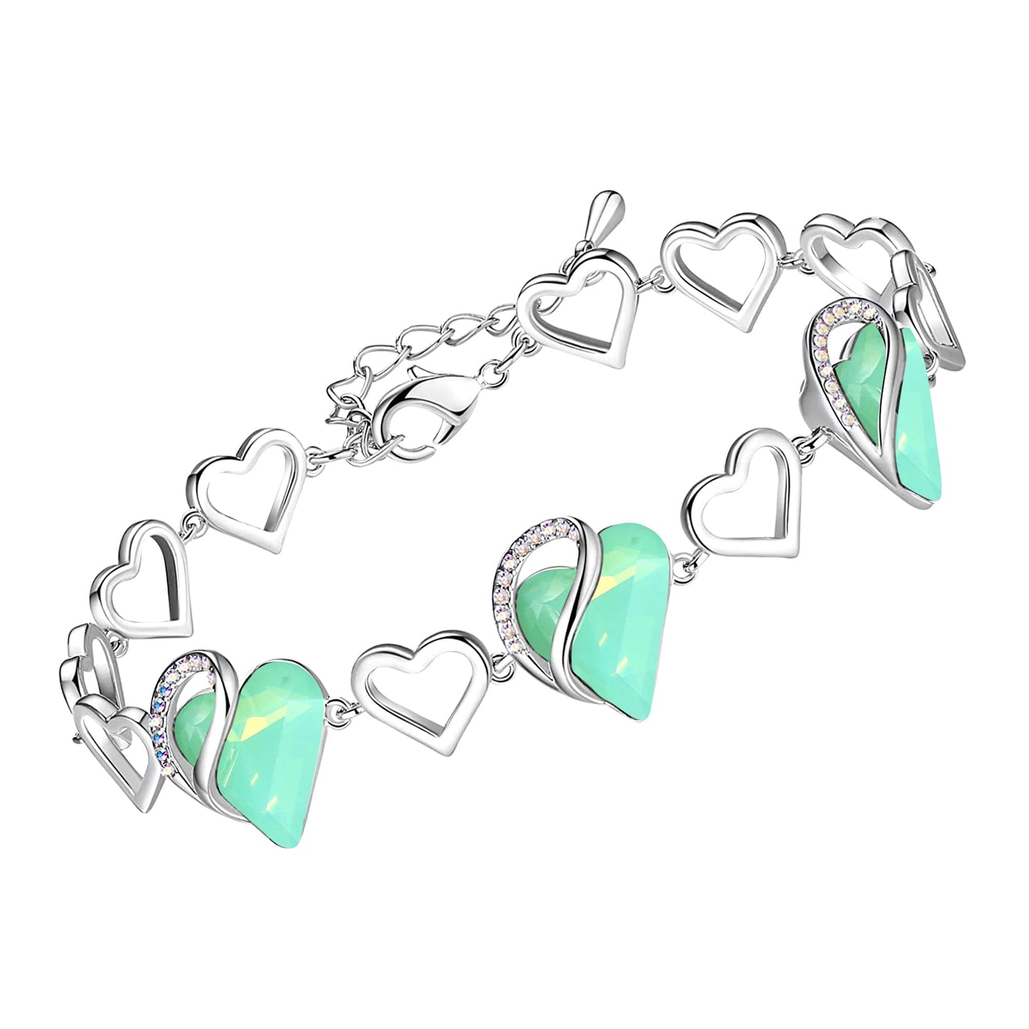 Leafael Infinity Love Heart Link Bracelets, Birthstone or Healing Stone Crystal Bracelet for Women, Silver Tone Jewelry Gifts for Her, 7-inch Chain and 2-inch Extender