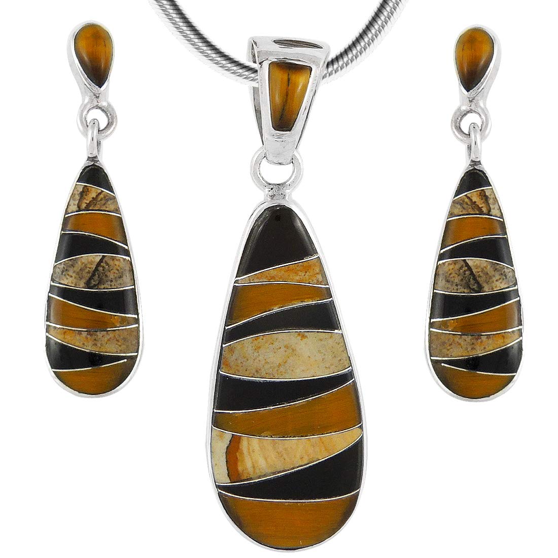 Matching Turquoise & Gemstones Set 925 Sterling Silver (Pendant, Earrings, Necklace 20")