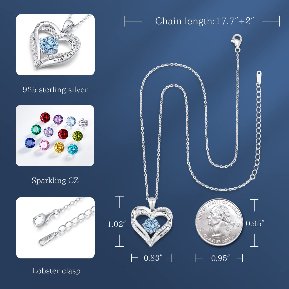 CDE Forever Love Heart Necklaces for Women, Wedding Anniversary, Birthday Mothers Day Christmas Day Gifts for Mom, Mother, Wife, friend, S925 Silver Jewelry with Birthstone Pendant