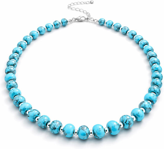 Sheplus Valentines Day Gift - 925 Sterling Silver Genuine Turquoise Beaded Choker Necklace Real Western Jewelry for Anniversary Wife