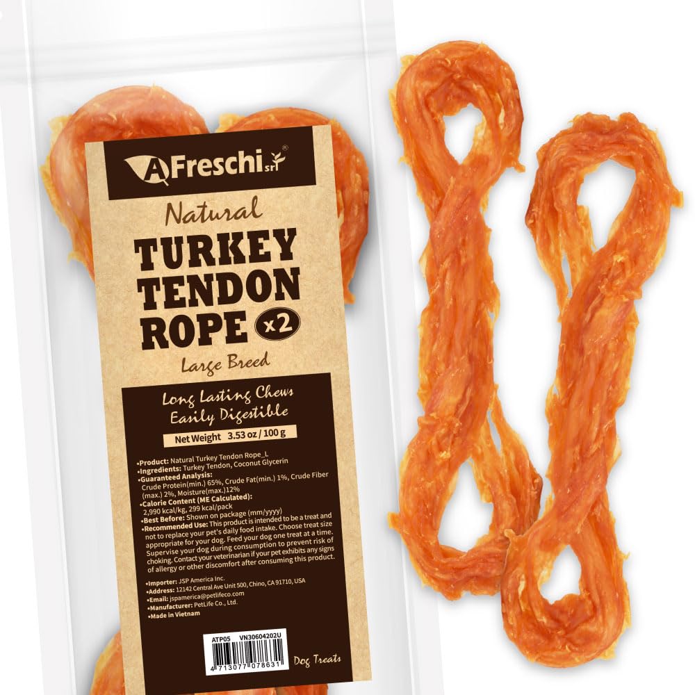 AFreschi Turkey Tendons for Dogs, USA-Sourced, Healthy Dog Treats, Rawhide-Free Puppy Chews, Long Lasting, All Natural, Hypoallergenic Dog Treats for Large Breeds, 1 Count Pack Bone (L)