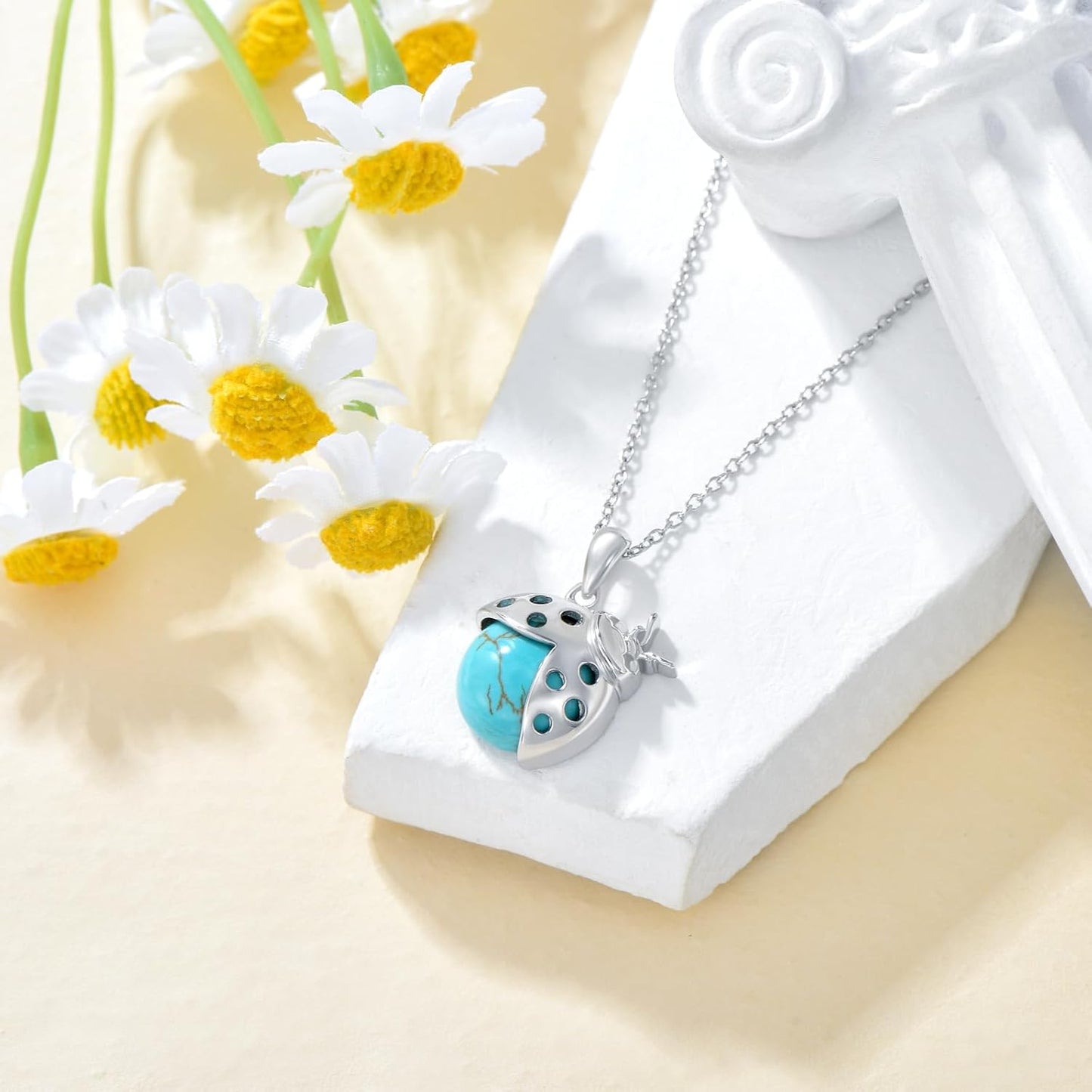 Natural Turquoise Ladybug Necklace for Women Western Turquoise Ladybug Pendant 925 Sterling Silver Ladies Miraculous Ladybug Jewelry Birthday Easter Gifts for Animal Lovers