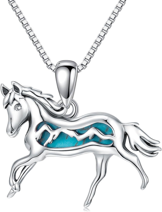 Natural Turquoise Horse Necklace for Women 925 Sterling Silver Running Horse Pendant Necklaces Animal Horse Charm Lucky Horse Jewelry Birthday Gift for Mom Wife