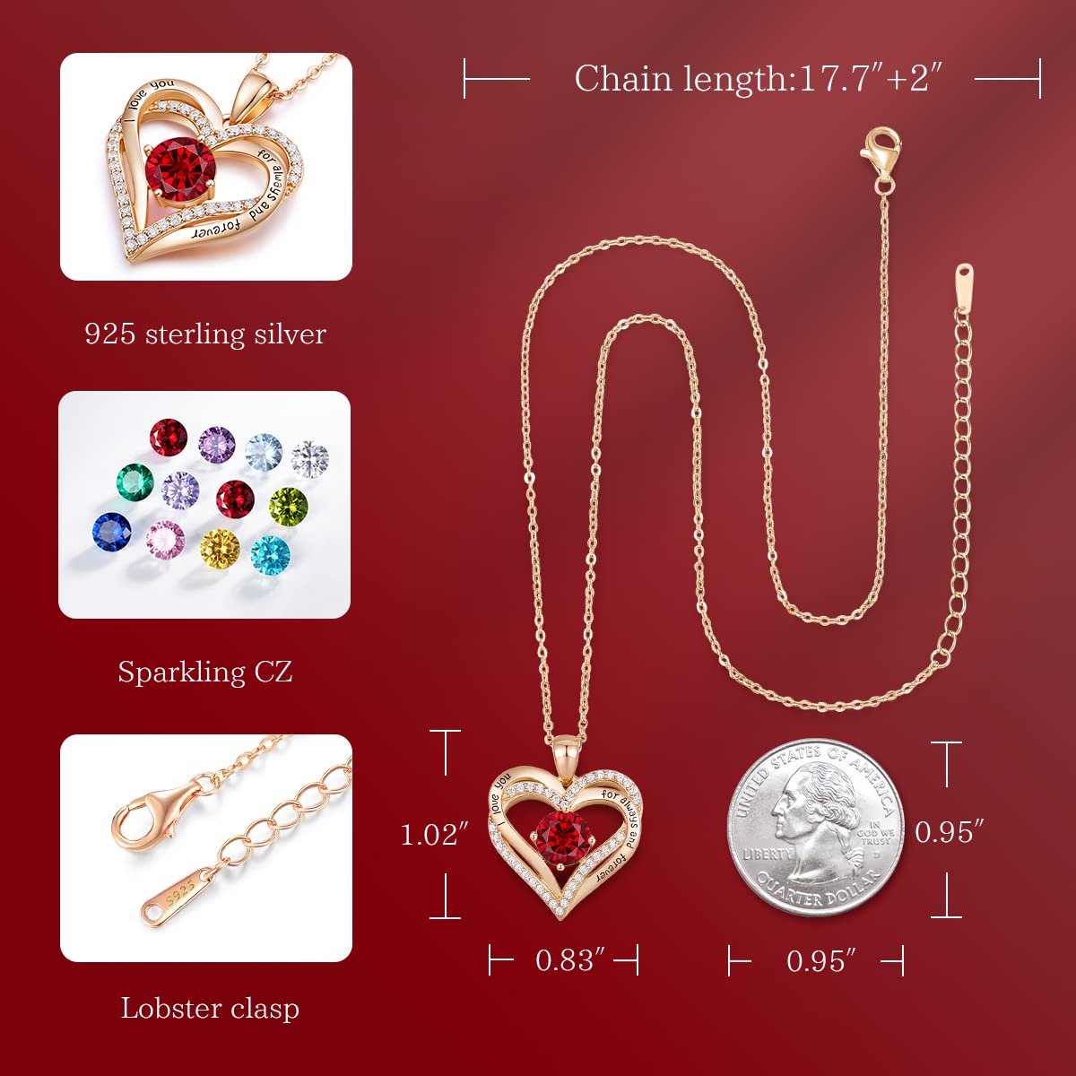 CDE Forever Love Heart Necklaces for Women, Wedding Anniversary, Birthday Mothers Day Christmas Day Gifts for Mom, Mother, Wife, friend, S925 Silver Jewelry with Birthstone Pendant