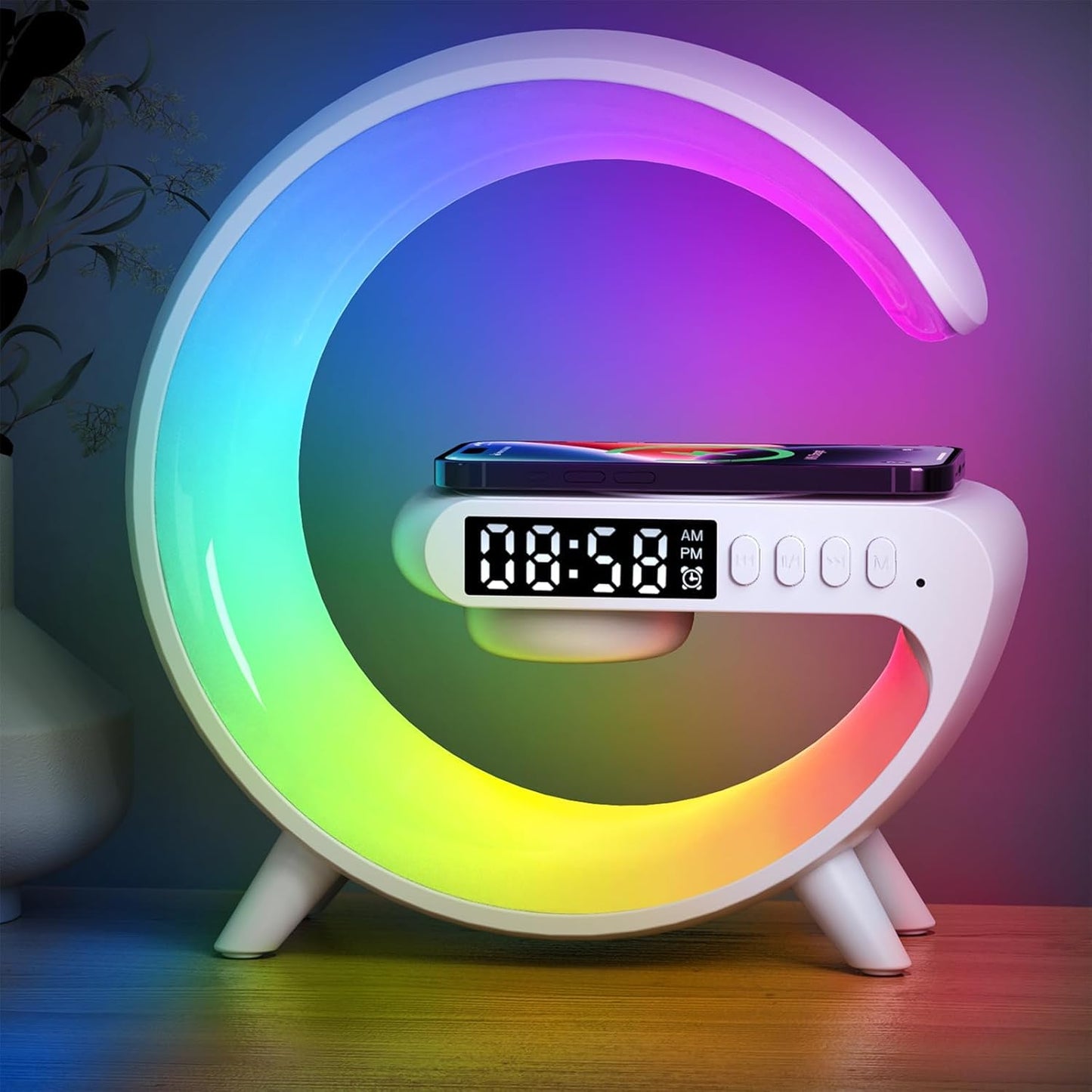 New Wireless Speaker Charger, Atmosphere Light with Wireless Charging Function, Table Lamp, Bedside Lamp with Alarm Clock & Charging Function, Bedroom Bedside Lamp, Gifts (Black)