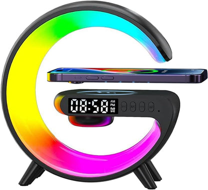 New Wireless Speaker Charger, Atmosphere Light with Wireless Charging Function, Table Lamp, Bedside Lamp with Alarm Clock & Charging Function, Bedroom Bedside Lamp, Gifts (Black)