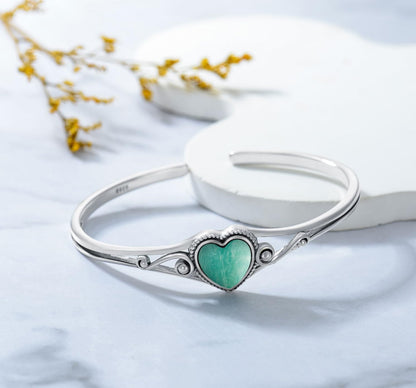 Genuine Turquoise Bracelet, Sterling Silver Native American Boho Adjustable Heart Bangle Cuff Jewelry for Women, Fit for 6.5 7 7.5 Inches