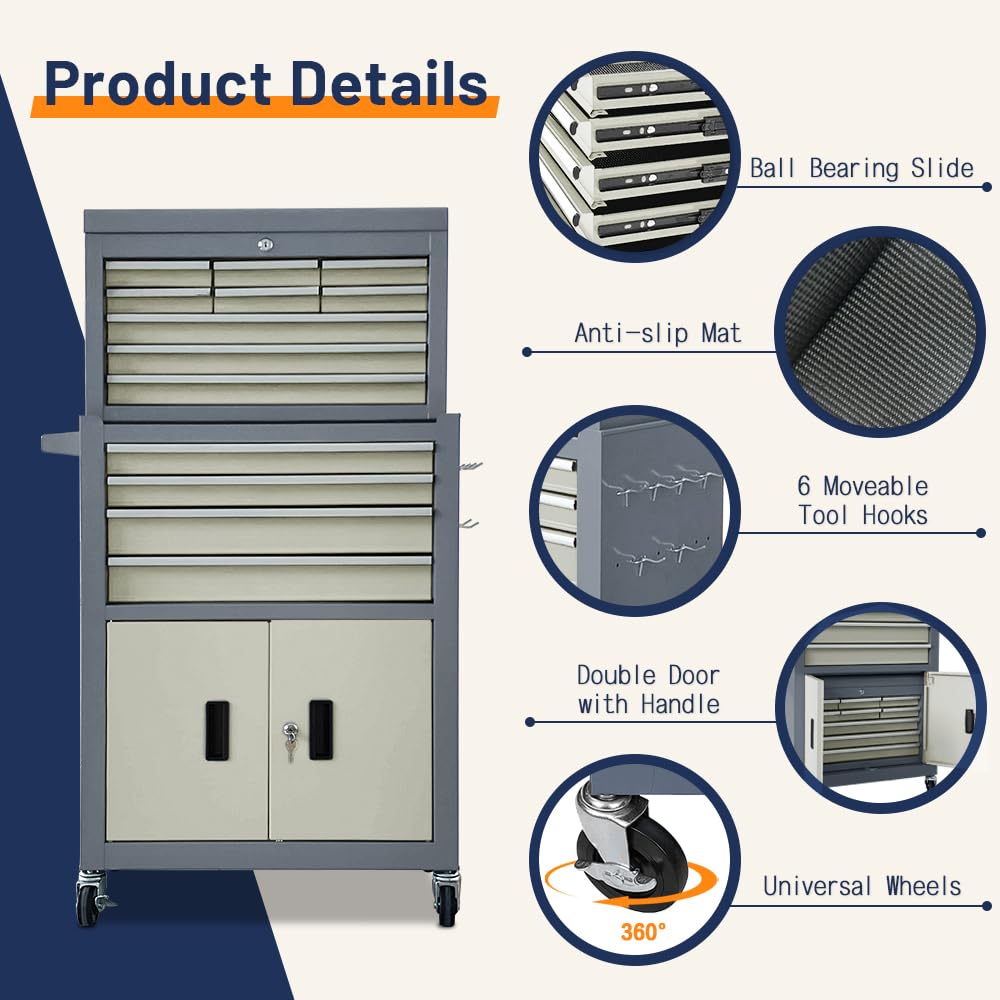 13-Drawer Double Door Rolling Tool Chest, 2 in 1 Detachable Tool Chest,Tool Box with Drawers and Wheels, Large Tool Cabinet with Lock, Metal Standing Toolbox for Garage Workshop-Red