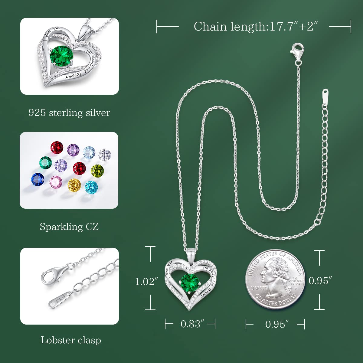 CDE Forever Love Heart Necklaces for Women, Wedding Anniversary, Birthday Mothers Day Christmas Day Gifts for Mom, Mother, Wife, friend, S925 Silver Jewelry with Birthstone Pendant