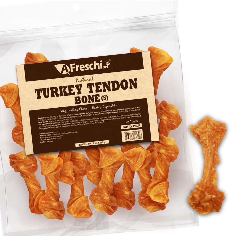 A Freschi srl Turkey Tendons for Dogs, USA-Sourced, Healthy Dog Treats, Rawhide-Free Puppy Chews, Long Lasting, All Natural, Hypoallergenic Dog Treats for Small Breeds, 40 Count Box Bone (S)
