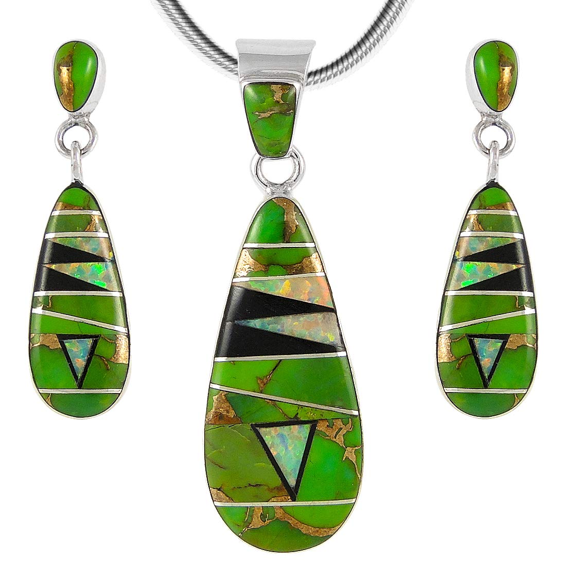 Matching Turquoise & Gemstones Set 925 Sterling Silver (Pendant, Earrings, Necklace 20")