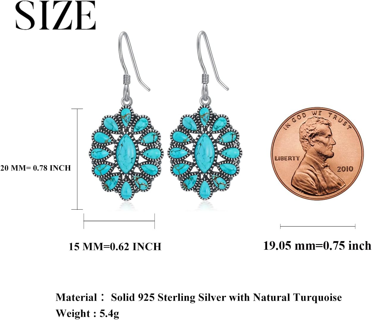 Native American Genuine Turquoise Earrings for Women 925 Sterling Silver Squash Blossom Dangle Boho Style Western Earring Jewelry for Her