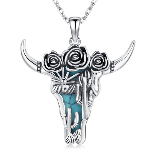 Midir&Etain Western Necklace 925 Sterling Silver Turquoise Pendant Highland Cow/Cow Skull/Hat/Tag/Cactus/Boot Cowgirl Country Jewelry for Women Men