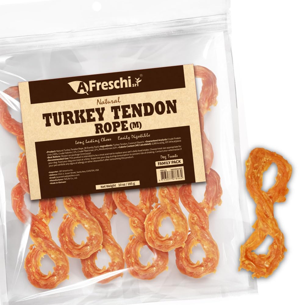 AFreschi Turkey Tendons for Dogs, USA-Sourced, Healthy Dog Treats, Rawhide-Free Puppy Chews, Long Lasting, All Natural, Hypoallergenic Dog Treats for Medium Breeds, 6 Count Pack Braid (M)