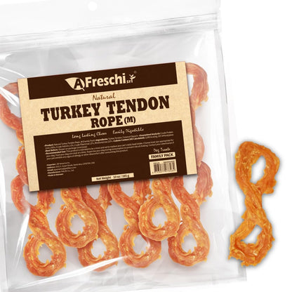 AFreschi Turkey Tendons for Dogs, USA-Sourced, Healthy Dog Treats, Rawhide-Free Puppy Chews, Long Lasting, All Natural, Hypoallergenic Dog Treats for Medium Breeds, 6 Count Pack Braid (M)