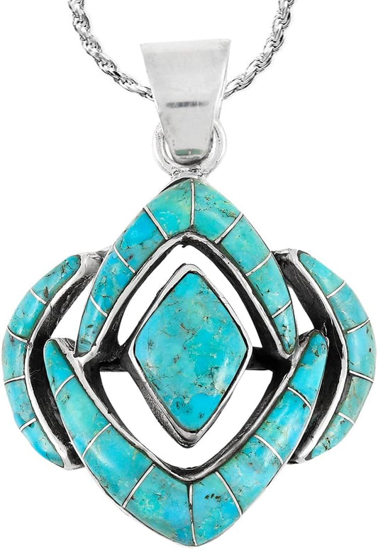 Turquoise Necklace 925 Sterling Silver & Genuine Gemstones and Semiprecious Gemstones Pendant 20"