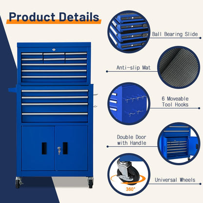 13-Drawer Double Door Rolling Tool Chest, 2 in 1 Detachable Tool Chest,Tool Box with Drawers and Wheels, Large Tool Cabinet with Lock, Metal Standing Toolbox for Garage Workshop-Red