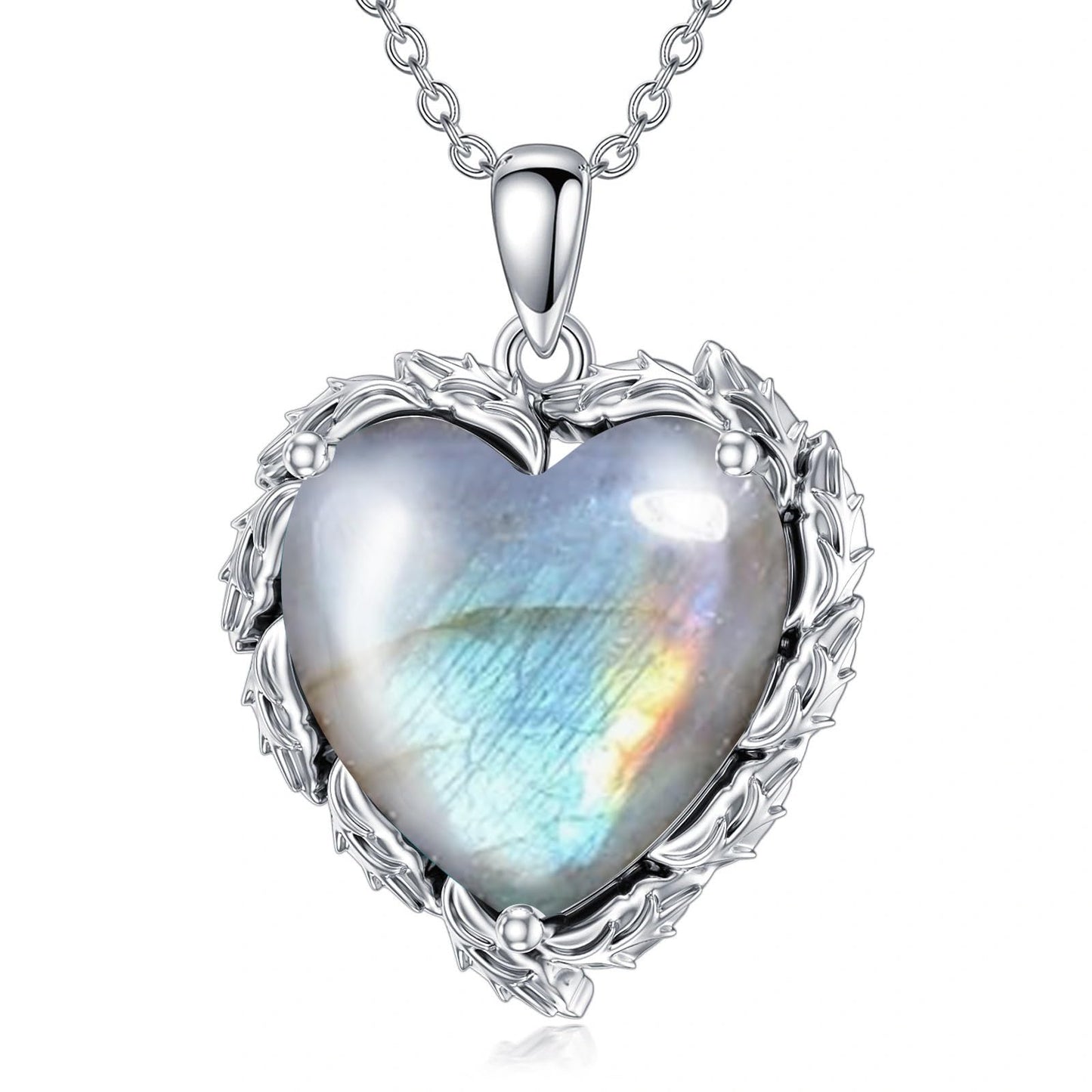 Genuine Gemstone Heart Necklaces for Women 925 Sterling Silver Natural Turquoise/Rose Quartz/Moonstone Pendant Vintage Western Jewelry Gift for Mom Wife Her
