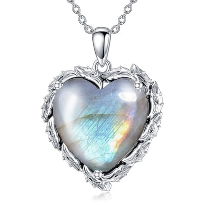 Genuine Gemstone Heart Necklaces for Women 925 Sterling Silver Natural Turquoise/Rose Quartz/Moonstone Pendant Vintage Western Jewelry Gift for Mom Wife Her